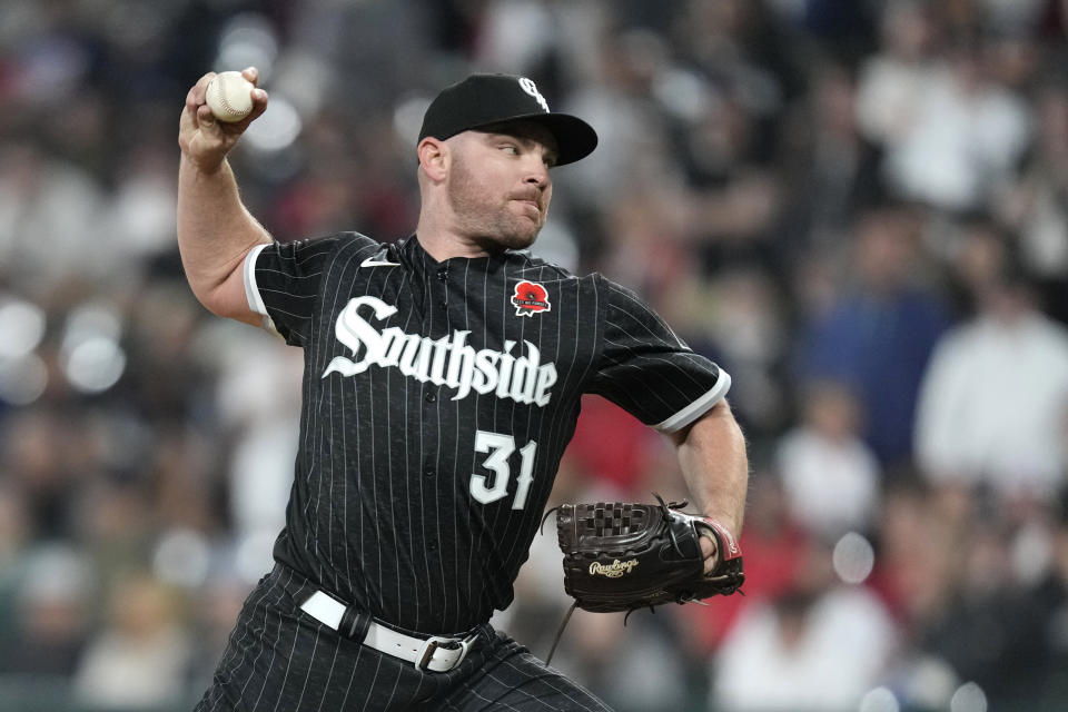 Chicago White Sox relief pitcher Liam Hendriks delivers during the eighth inning of a baseball game against the Los Angeles Angels, Monday, May 29, 2023, in Chicago. (AP Photo/Charles Rex Arbogast)