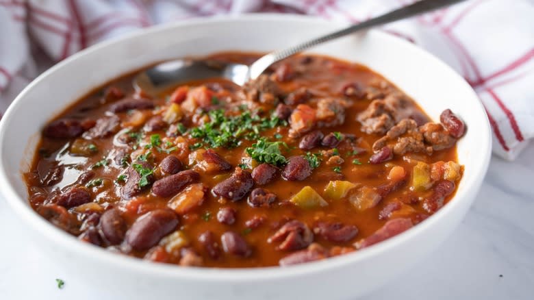 bowl of chili with spoon