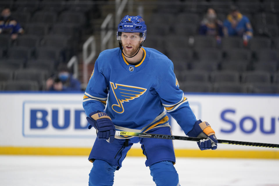 FILE - St. Louis Blues' Carl Gunnarsson is shown during the third period of an NHL hockey game against the Arizona Coyotes in St. Louis, in this Saturday, Feb. 6, 2021, file photo. The banged-up St. Louis Blues got more bad injury news Tuesday, Feb. 23, 2021, with word that defenseman Carl Gunnarsson won't play again this season and forward Ivan Barbashev is out at least six weeks. (AP Photo/Jeff Roberson, File)