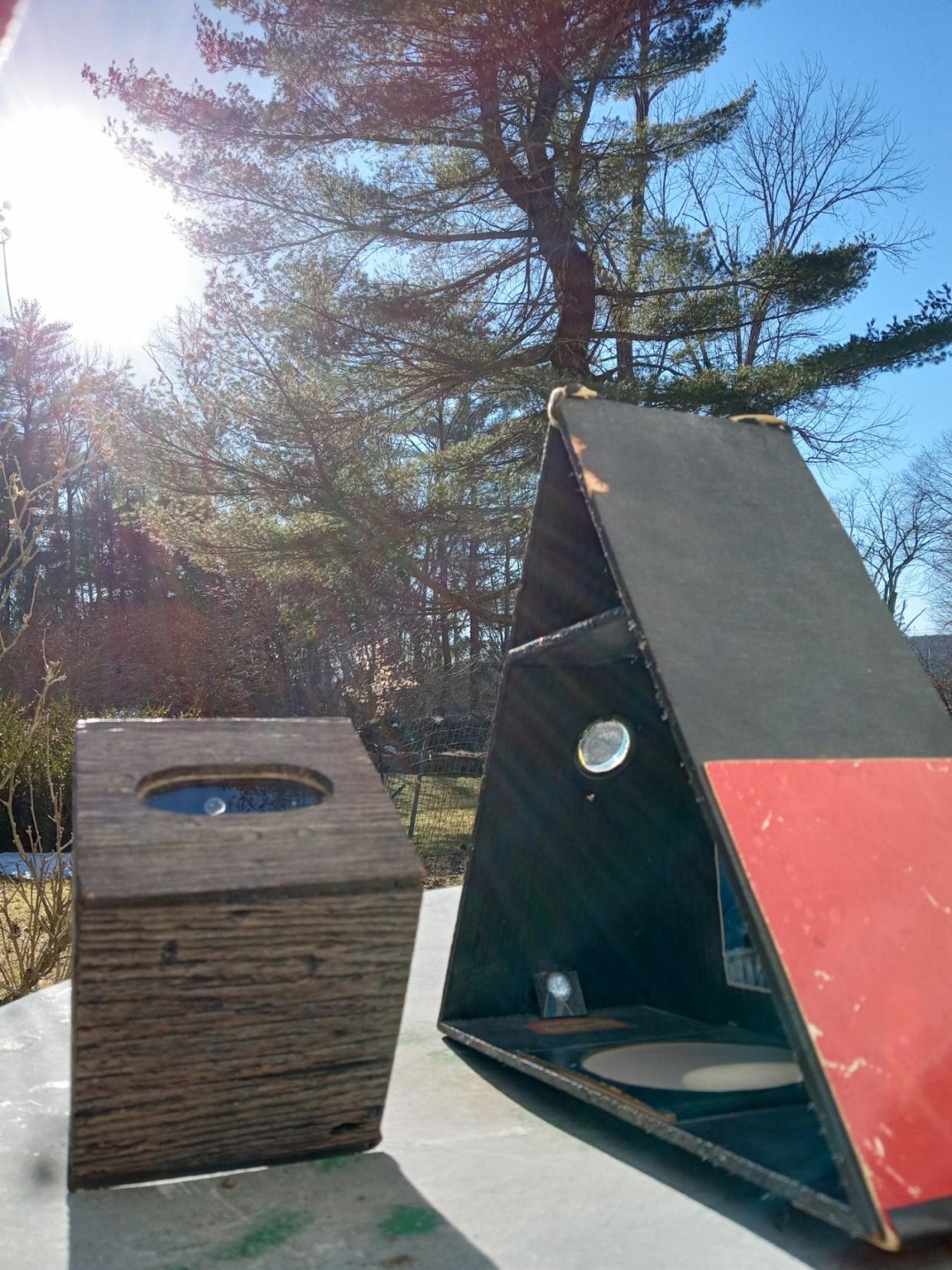 At left is the first cubical version of the original Sunspotter solar telescope, first built in 1978 by the late inventor Daniel R. Janosik Sr. who built them from his home in Pike County. In a few years he was mass producing his triangular Sunspotter-II, selling them across the country. The device shows an image of the sun about two and a half inches wide completely safe to look upon, revealing many of the sunspots that come and go. It is also very useful for viewing a partial solar eclipse.