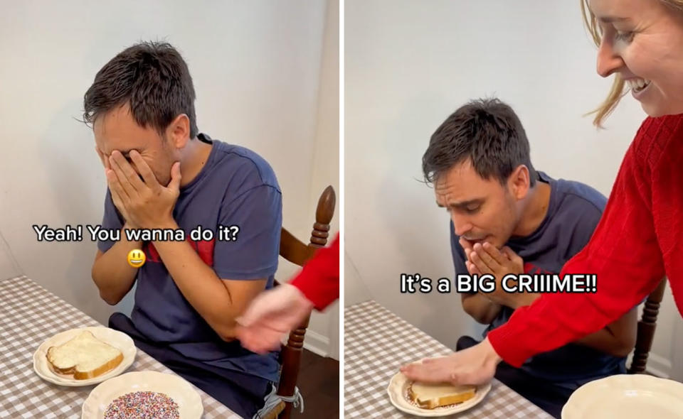 Two images of Alessio Pasini eating fairy bread