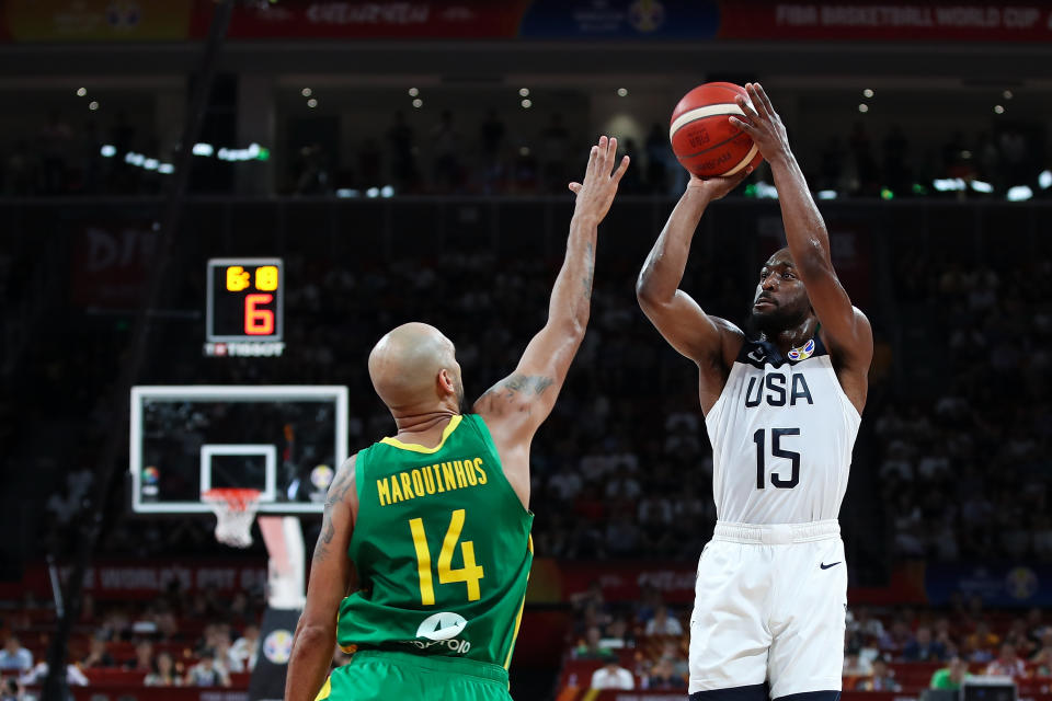 SHENZHEN, CHINA - SEPTEMBER 09:  Kemba Walker 15# of USA drives against  BMarquinhos Sousa #14 of Brazil during FIBA World Cup 2019 Group K match between USA and Brazil at Shenzhen Bay Sports Centre on September 9, 2019 in Shenzhen, China.  (Photo by Lintao Zhang/Getty Images)