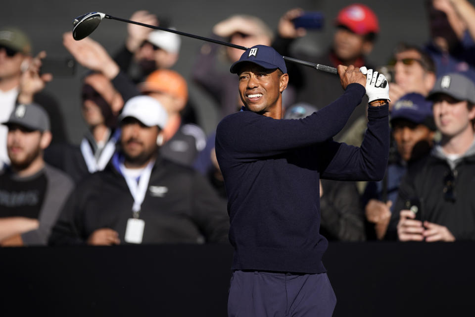 Tiger Woods hits his tee shot on the 10th hole during the Genesis Invitational pro-am golf event at Riviera Country Club, Wednesday, Feb. 12, 2020, in the Pacific Palisades area of Los Angeles. (AP Photo/Ryan Kang)