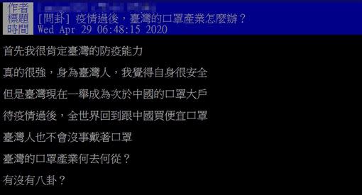 原PO好奇疫情過後，口罩需求不再那麼高時，台灣口罩產業該怎麼辦？（圖／翻攝自 PTT、資料圖）