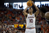 Auburn forward Jabari Smith (10) shoots a free-throw against Yale during the second half of an NCAA college basketball game, Saturday, Dec. 4, 2021, in Auburn, Ala. (AP Photo/Vasha Hunt)