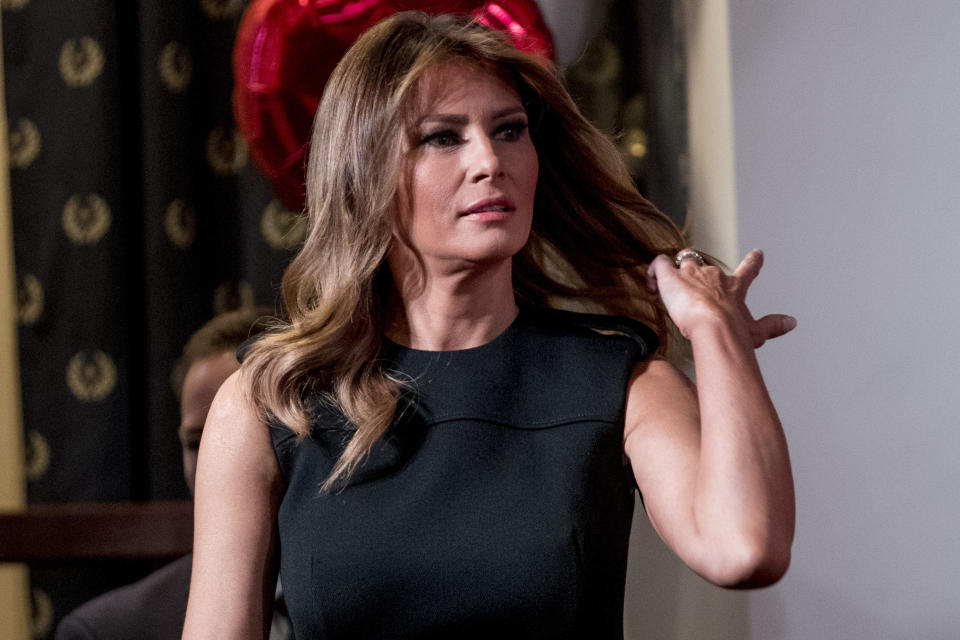 First lady Melania Trump steps off stage during a Red Ribbon Rally at the Drug Enforcement Agency in Arlington, Va., Monday, Oct. 7, 2019.(AP Photo/Andrew Harnik)