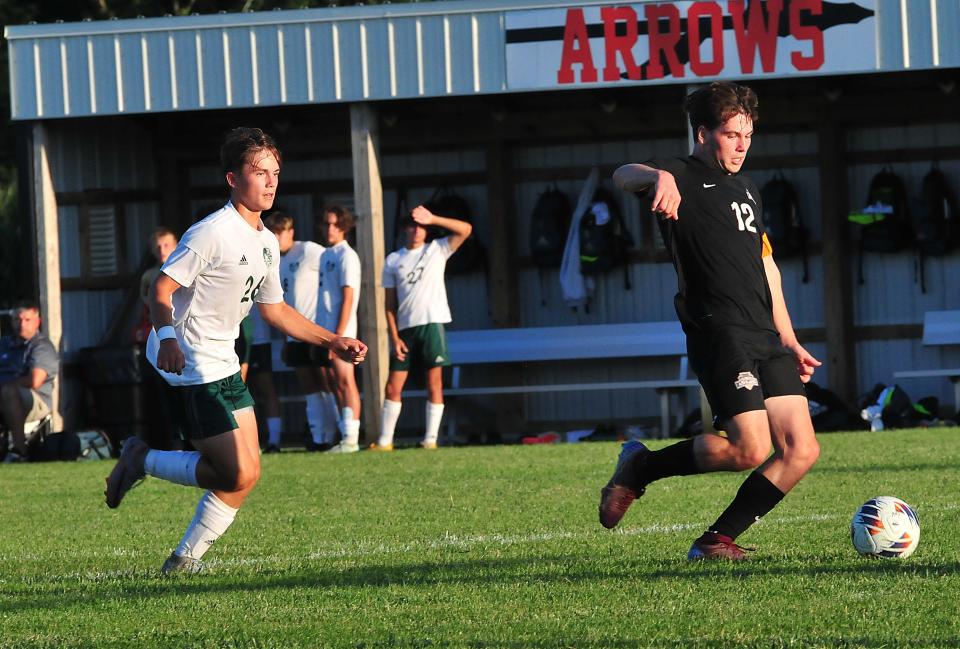 Ashland High School’s Ayden Behrendsen advances the ball ahead of Madison Comprehensive High School’s Collin Faith.