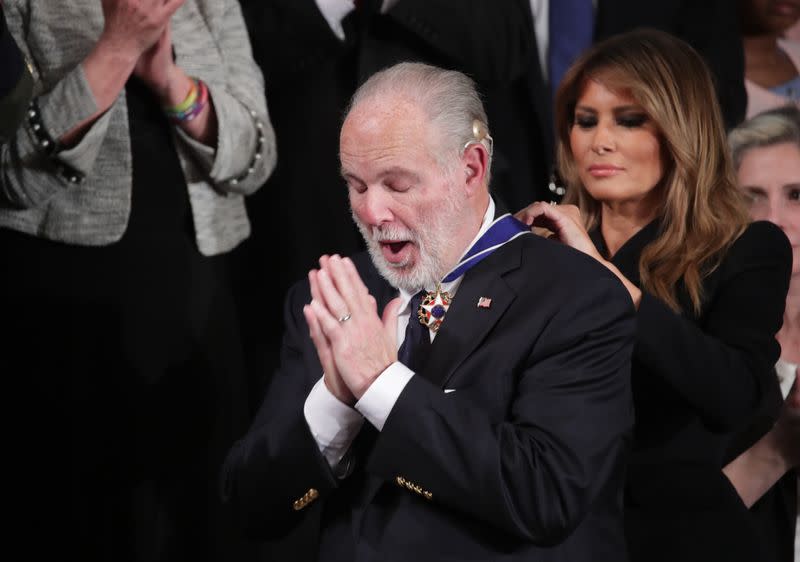 First lady Melania Trump places Presidential Medal of Freedom to Limbaugh during U.S. President Donald Trump's State of the Union address at the U.S. Capitol in Washington