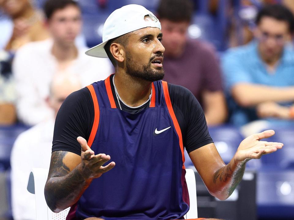 Nick Kyrgios of Australia reacts after winning the first set against Thanasi Kokkinakis of Australia during the Men's Singles First Round on Day One of the 2022 US Open at USTA Billie Jean King National Tennis Center on August 29, 2022 in the Flushing neighborhood of the Queens borough of New York City.