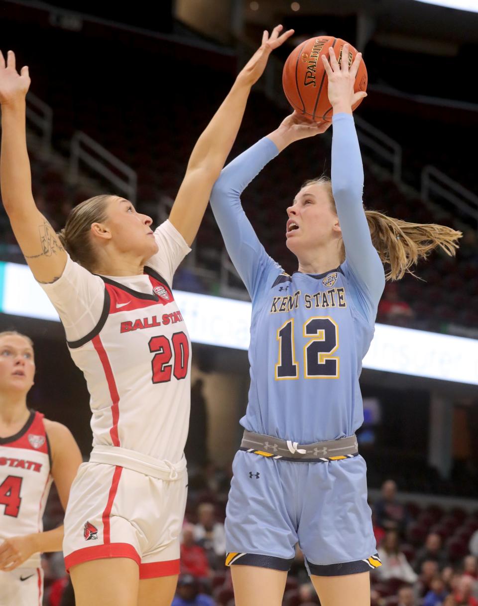 Kent State's Jenna Batsch puts up a shot as Ball State's Alex Richard defends in last week's Mid-American Conference Tournament semifinal game.