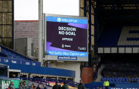 LIVERPOOL, ENGLAND - OCTOBER 17: The decision to rule out a goal for offside following a VAR review is displayed on a screen inside the stadium during the Premier League match between Everton and Liverpool at Goodison Park on October 17, 2020 in Liverpool, England. Sporting stadiums around the UK remain under strict restrictions due to the Coronavirus Pandemic as Government social distancing laws prohibit fans inside venues resulting in games being played behind closed doors. (Photo by Catherine Ivill/Getty Images)