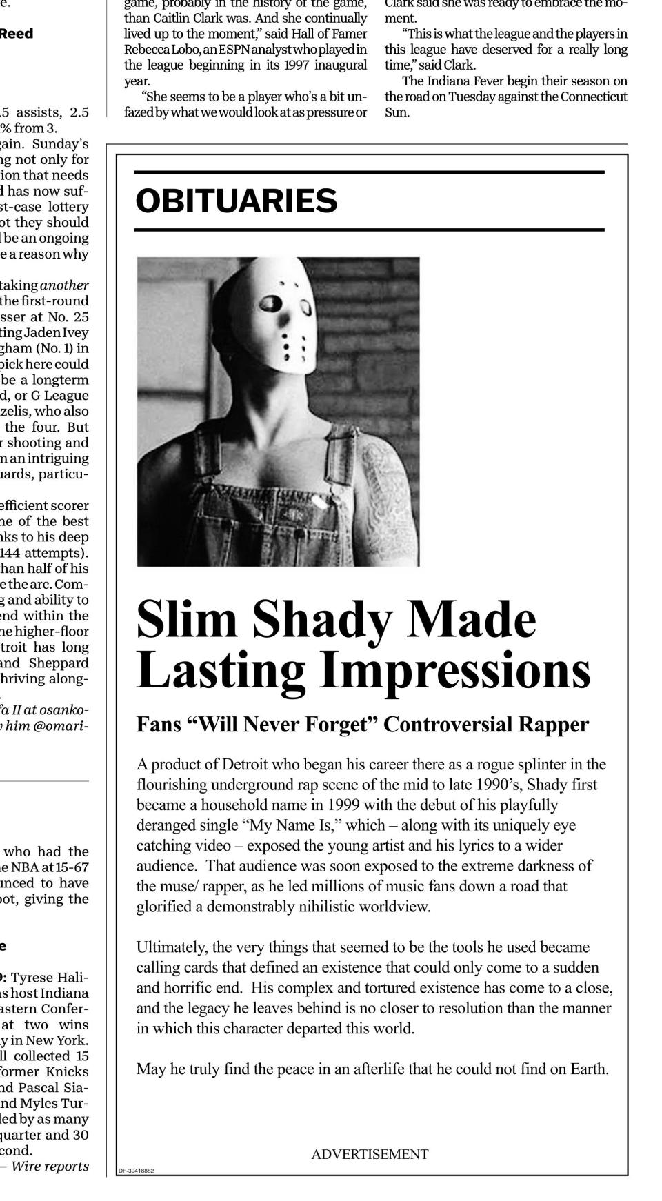 The Monday print edition of the Detroit Free Press includes an ad in the form of an obituary for Eminem's Slim Shady character