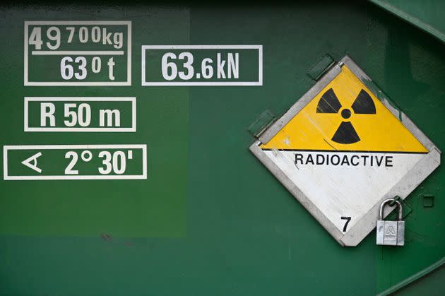 A radioactive sign is pictured on a nuclear waste transport wagon parked in front of the Fessenheim nuclear power plant on June 21, 2021, in Fessenheim, eastern France (Photo: SEBASTIEN BOZON via Getty Images)