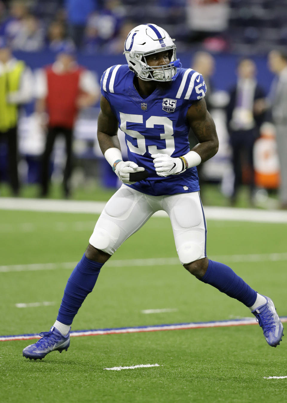 FILE - In this Dec. 23, 2018, file photo, Indianapolis Colts outside linebacker Darius Leonard (53) warms up before an NFL football game against the New York Giants in Indianapolis. On Friday, Darius Leonard and Quenton Nelson were rewarded for their remarkable debut seasons by becoming the second set of rookie teammates to be named first-team All-Pro. Gale Sayers and Dick Butkus were the other players to achieve the feat in 1965 and both went on to have Hall of Fame careers with the Bears. (AP Photo/Darron Cummings, File)
