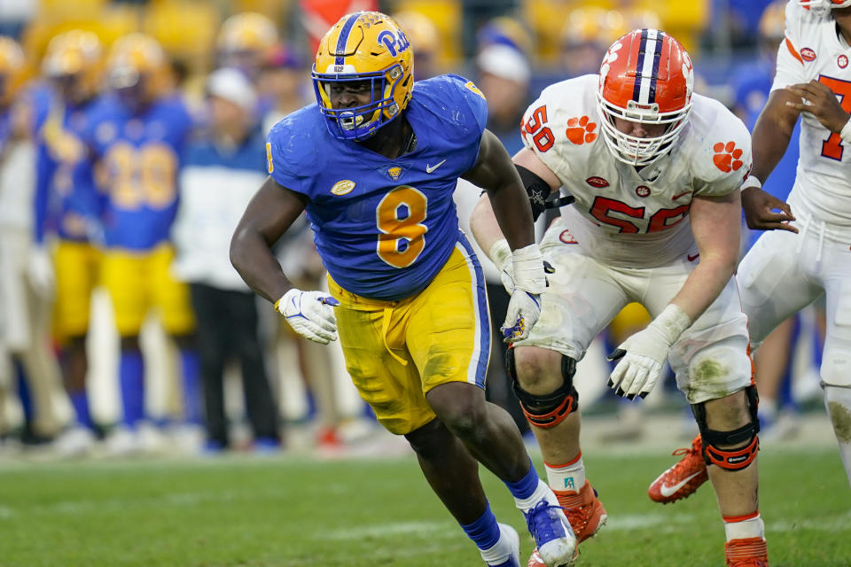 FILE -Pittsburgh defensive lineman Calijah Kancey (8) plays against Clemson during an NCAA college football game, Saturday, Oct. 23, 2021, in Pittsburgh. The Panthers are looking to prove their run to an ACC title in 2021 was no fluke.(AP Photo/Keith Srakocic, File)