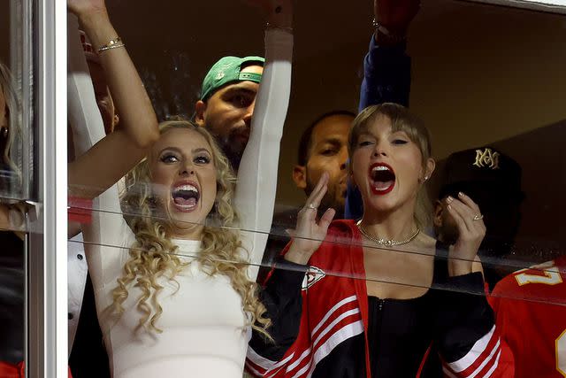 <p>Jamie Squire/Getty Images</p> Brittany Mahomes and Taylor Swift at an October 2023 Chiefs game.