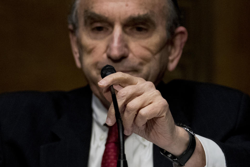 State Department Special Representative for Venezuela Ambassador Elliott Abrams prepares to testify at a Senate Foreign Relations Committee hearing on Capitol Hill in Washington, Tuesday, Aug. 4, 2020. (AP Photo/Andrew Harnik)