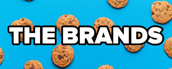 Text reads: "THE BRANDS" on a blue background with scattered cookies around it