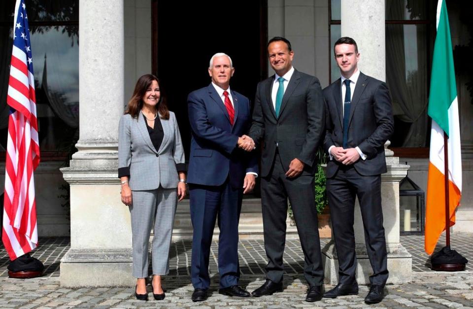 Irish Prime Minister Leo Varadkar, second from right, and his partner Matthew Barrett, right, welcome Vice President Mike Pence and second lady Karen Pence to Famleigh House in Phoenix Park, Dublin, on Sept. 3, 2019, on the second day of his visit to Ireland.