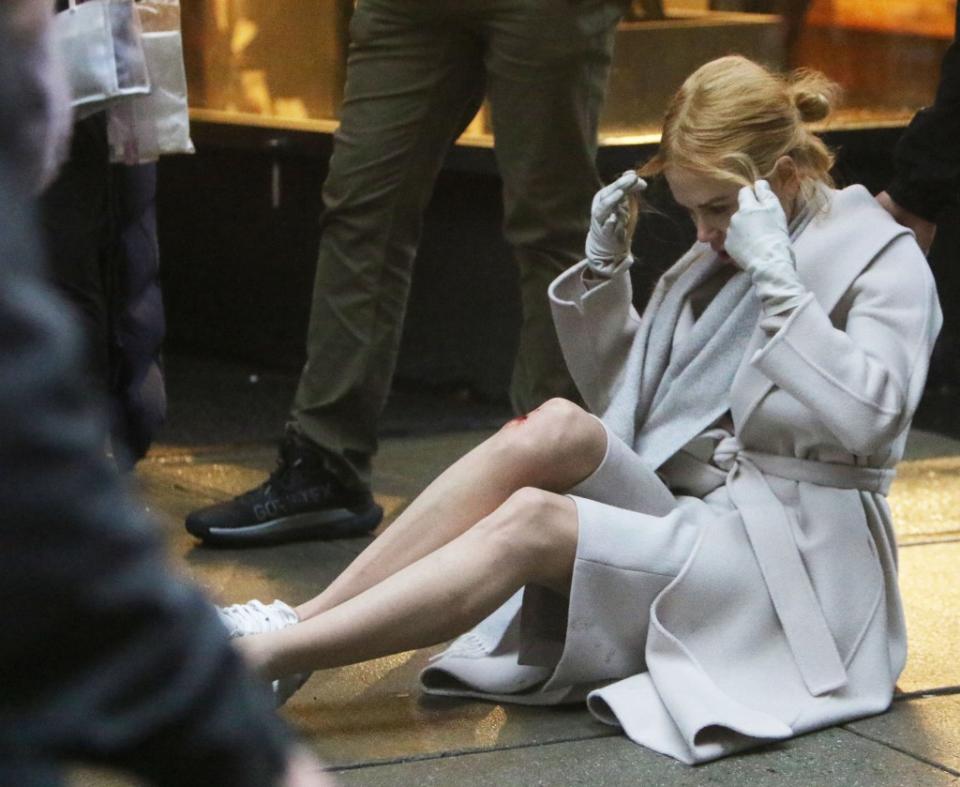 Hollywood actress Nicole Kidman was spotted in downtown New York City Thursday sporting a fake bloody knee while filming her upcoming erotic thriller “Babygirl.” MediaPunch/Shutterstock