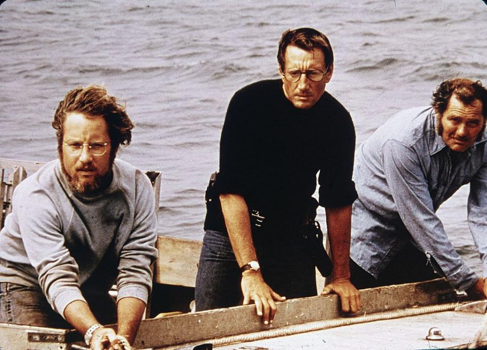 l r american actors richard dreyfuss, roy scheider and robert shaw on board a boat in a still from the film, jaws, directed by steven spielberg, 1975 photo by universal studioscourtesy of getty images