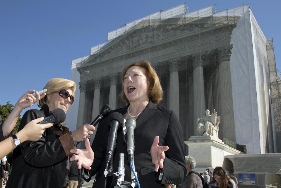 Kathleen Sullivan, Shell's lawyer, in the Kiobel v. Royal Dutch Petroleum case, speaks outside the Supreme Court in Washington, Monday, Oct. 1, 2012. (AP Photo/Carolyn Kaster)