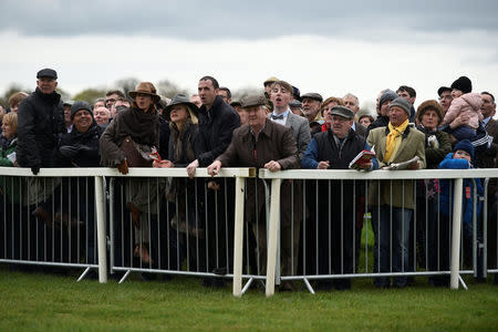 Punters watch a race at the Punchestown Racecourse in Naas, Ireland, April 27, 2017. REUTERS/Clodagh Kilcoyne
