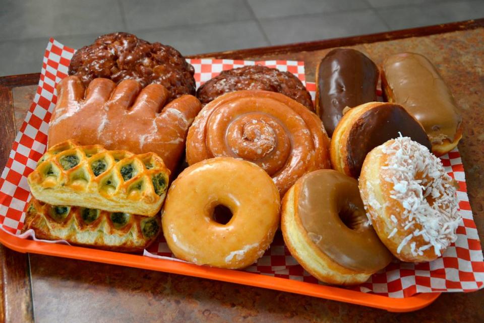 A sampling of the donut and pastry offerings from Sovanna’s Donuts, a new donut, sandwich and specialty drinks shop in downtown Gustine, California.