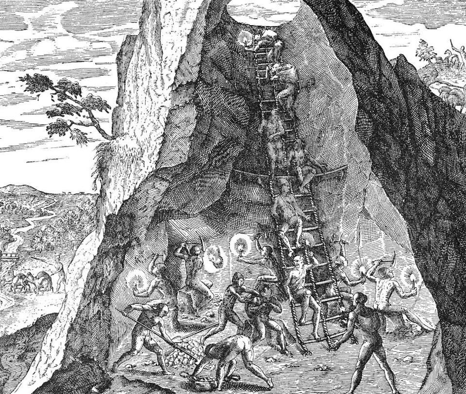 A silver mine at Potosi, New Spain – now Bolivia – depicted by Theodor de Bry around 1590. <a href="https://www.gettyimages.com/detail/news-photo/indians-working-in-a-goldmine-at-potosi-new-spain-line-news-photo/542860359?adppopup=true" rel="nofollow noopener" target="_blank" data-ylk="slk:ullstein bild/ullstein bild via Getty Images;elm:context_link;itc:0;sec:content-canvas" class="link ">ullstein bild/ullstein bild via Getty Images</a>