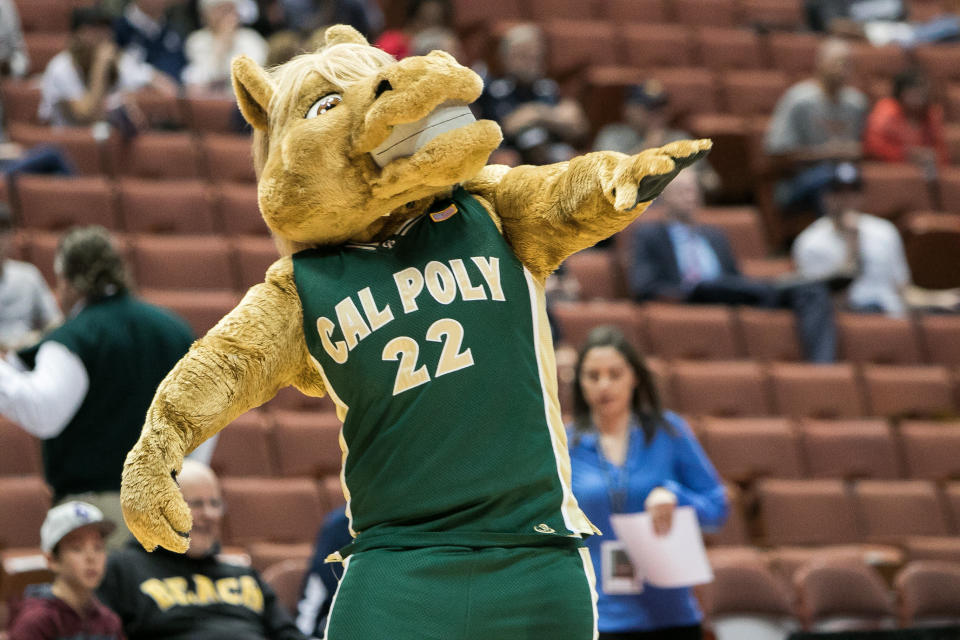 ANAHEIM, CA - MARCH 09: The Cal Poly Mascot gets the crowd pumped during a Big West Conference Quarterfinals game between UC Davis and Cal Poly on March 9, 2017 at Honda Center in Anaheim, California.(Photo by Joshua Lavallee/Icon Sportswire via Getty Images)