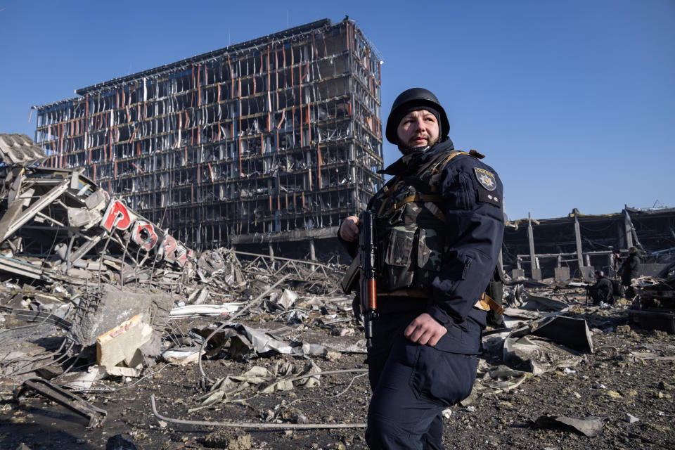 KYIV, UKRAINE- MARCH 21:  A view of the aftermath of the Retroville shopping mall following a Russian shelling attack which killed Eight people on March 21, 2022 in Kyiv, Ukraine.  (Photo by Andriy Dubchak / dia images via Getty Images)