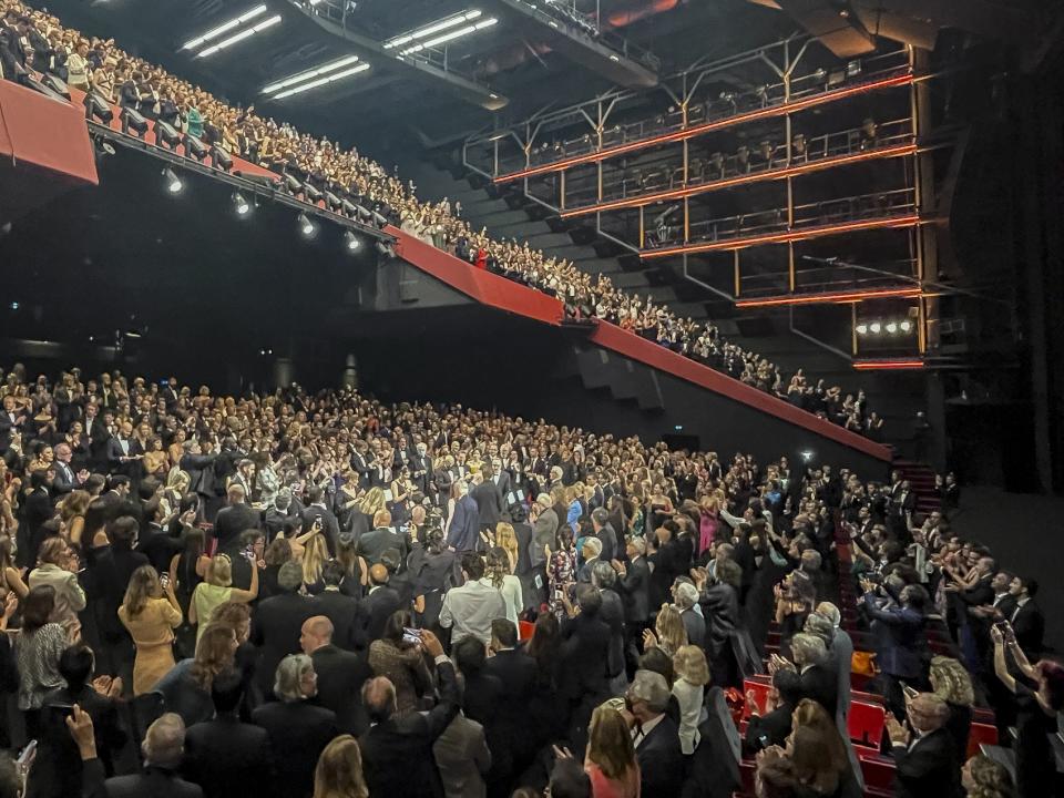 In this May 19, 2022 photo, the film 'Armageddon Time' receives a standing ovation during the 75th international film festival, Cannes, southern France. (AP Photo/Jake Coyle)