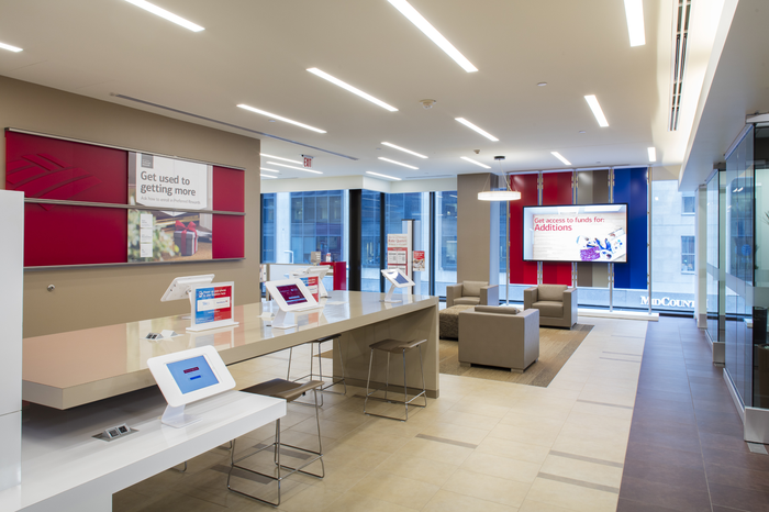 Interior of a modern Bank of America lobby.