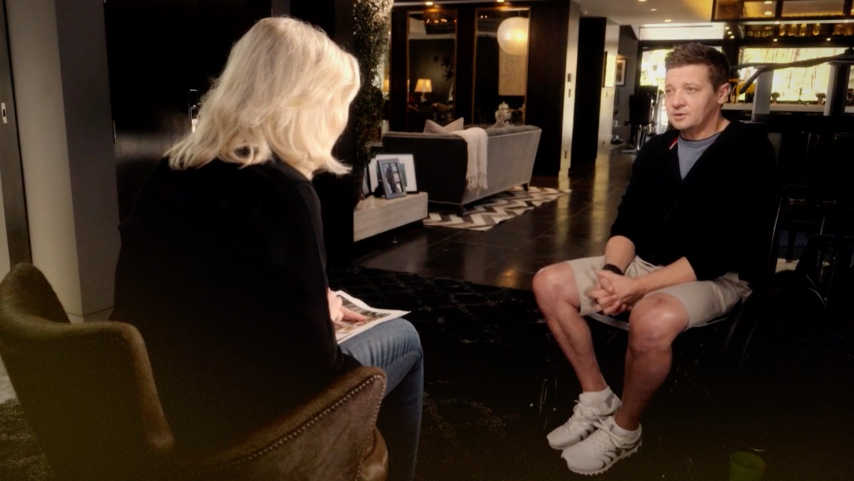 Jeremy Renner sits down with Diane Sawyer and details horrific snowplow accident for the first time. (Photo: ABC News)