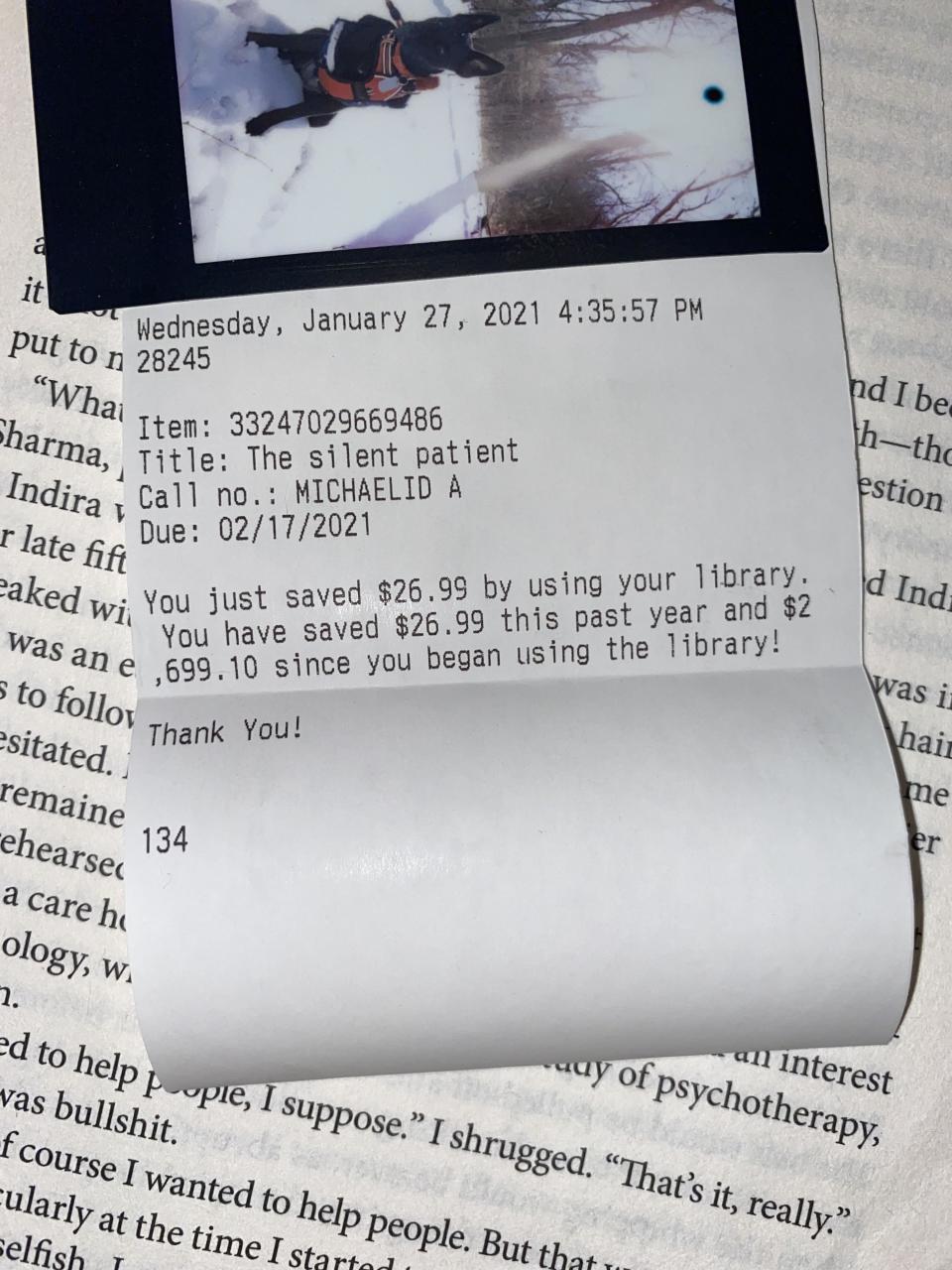 Receipt showing "you saved $26 by using your library"