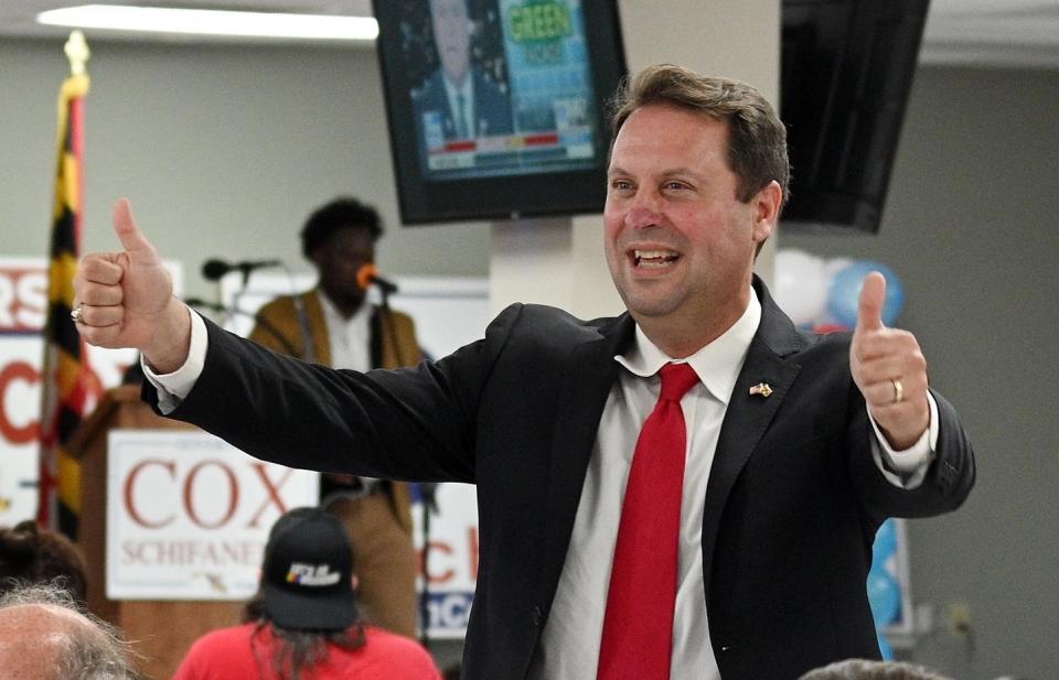 Republican gubernatorial candidate Dan Cox declares victory over his opponents at his campaign party on primary election night at Vigilant Hose Company Event Hall in Emmitsburg, Md., on Tuesday, July 19, 2022. (Kenneth Lam/The Baltimore Sun via AP)