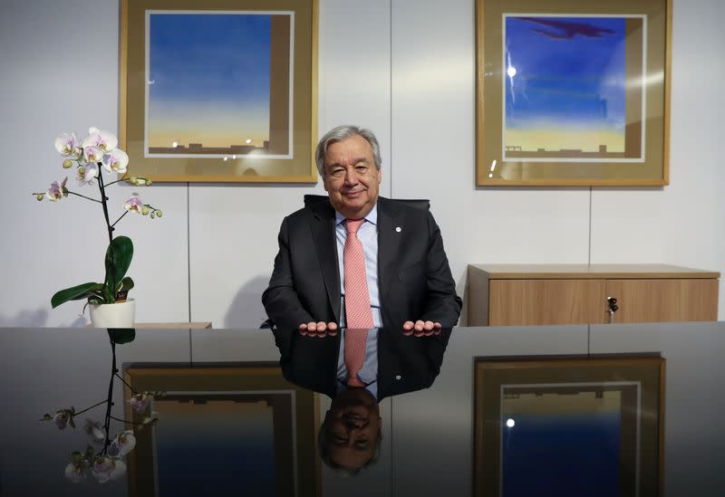 United Nations Secretary-General Antonio Guterres attends an interview with Reuters