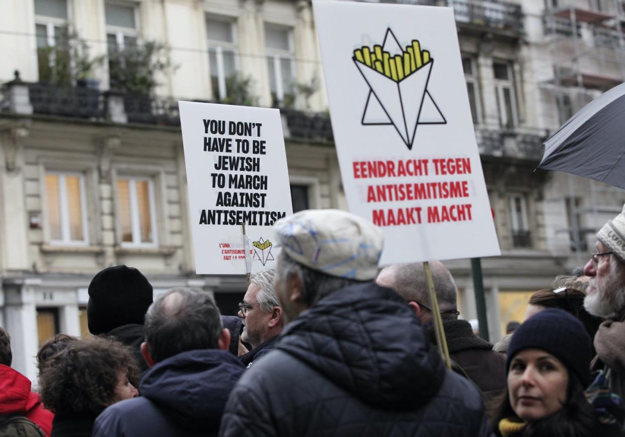 Antisemitic incidents have spiked in recent months. <a href="https://newsroom.ap.org/detail/BelgiumIsraelPalestiniansProtest/f1dde9aed49c452ebb9ecea51d4a80a8/photo?Query=protests%20against%20anti%20semitism%202023&mediaType=photo&sortBy=&dateRange=Anytime&totalCount=237&digitizationType=Digitized&currentItemNo=45&vs=true&vs=true" rel="nofollow noopener" target="_blank" data-ylk="slk:AP Photo/Nicolas Landemard;elm:context_link;itc:0;sec:content-canvas" class="link ">AP Photo/Nicolas Landemard</a>