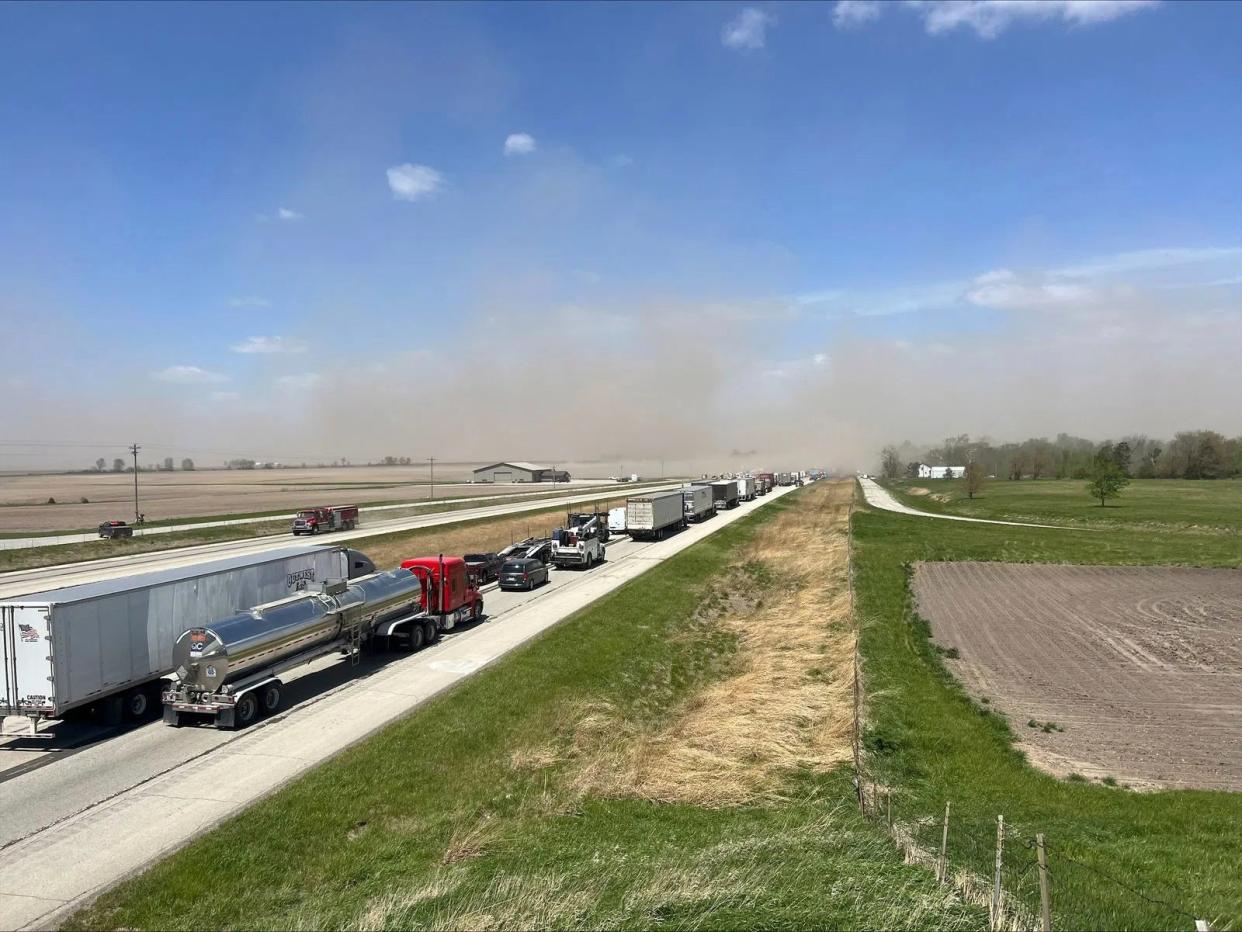 A crash involving at least 20 vehicles shut down a highway in Illinois, Monday, 1 May 2023 (AP)