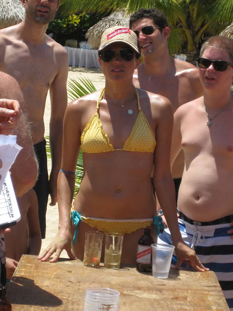 <span>It took place on a beach, with Meghan wearing a polka dot bikini to play beer pong during the day. </span>Photo: Mega