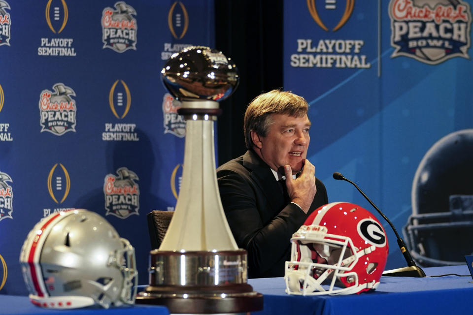 Georgia head coach Kirby Smart speaks during a news conference ahead of Saturday's Peach Bowl NCAA college football game against Ohio State Friday, Dec. 30, 2022, in Atlanta. (AP Photo/John Bazemore)