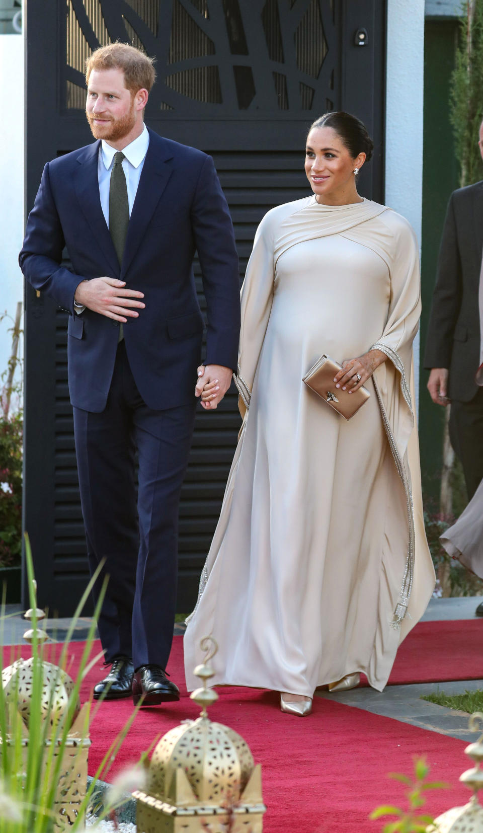 Meghan Markle, in custom Dior, attends a reception hosted by the British Ambassador to Morocco