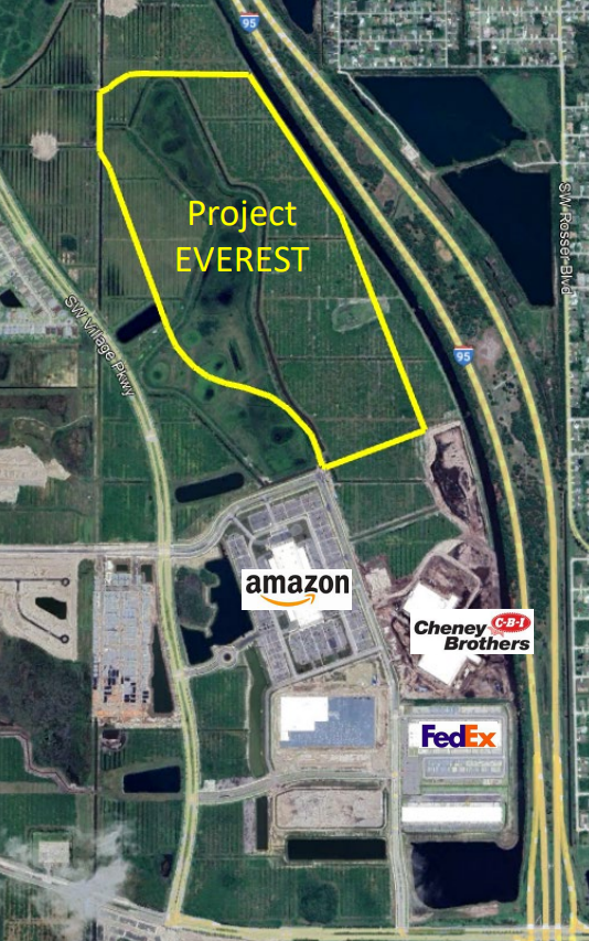 A map showing the Project Everest site, later revealed to be a Costco distribution depot, in the Southern Grove "jobs corridor" in Port St. Lucie, as presented to the City Council by the Economic Development Council of St. Lucie County.