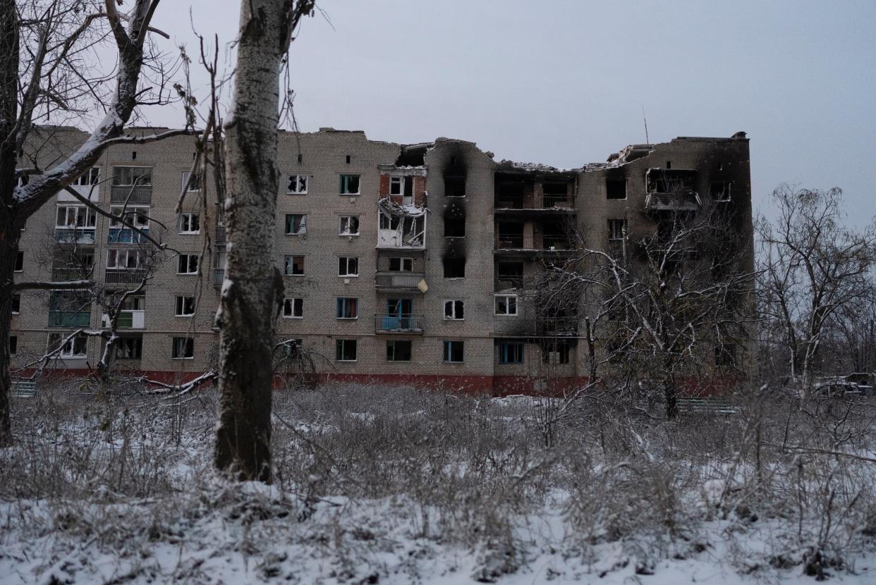 A heavily damaged building is seen in Chasiv Yar, Donetsk region, Ukraine (Copyright 2023 The Associated Press. All rights reserved.)
