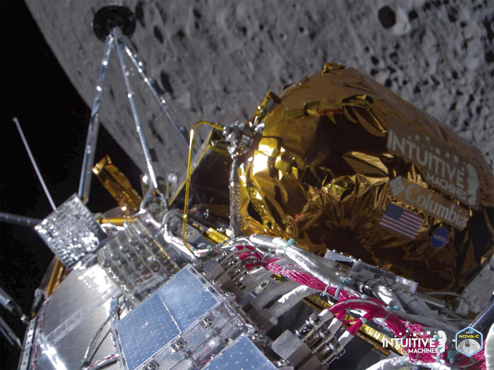 This image provided by Intuitive Machines shows its Odysseus lunar lander over the near side of the moon following lunar orbit insertion, Feb. 21, 2024. / Credit: Intuitive Machines via AP