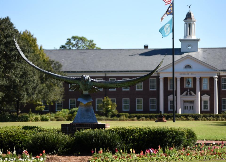 Dumay Gorham's "Soaring to Greatness," sculpture sits in front of Hoggard Hall on the campus of UNCW in Wilmingto. The college opened on Sept. 4, 1947, and is celebrating its 75th anniversary in 2022.