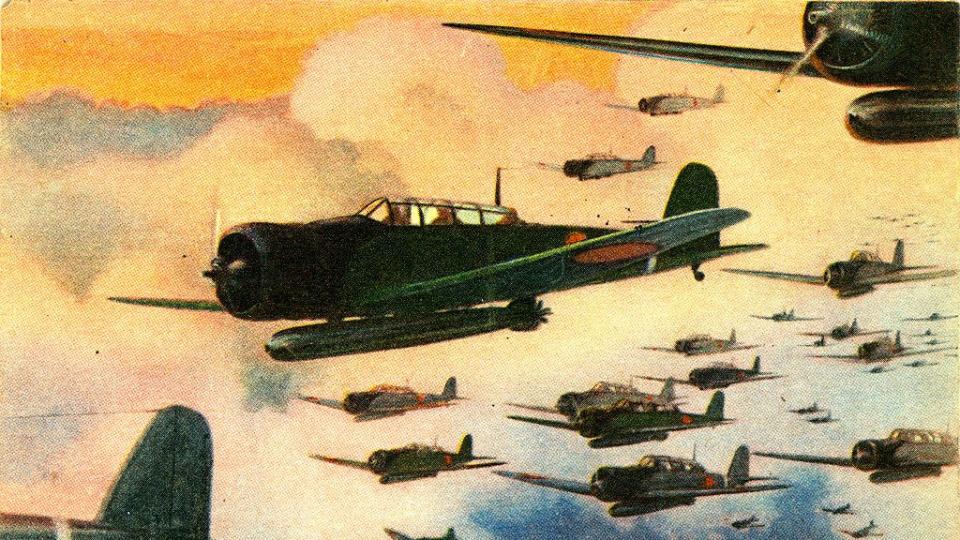 illustration of japanese bombers flying through a yellow and blue sky with clouds