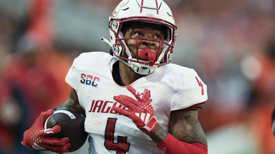 South Alabama wide receiver Caullin Lacy looks at the video board on the way to a touchdown against Oklahoma State during the second quarter of an NCAA college football game Saturday, Sept. 16, 2023, in Stillwater, Okla. (AP Photo/Brody Schmidt)