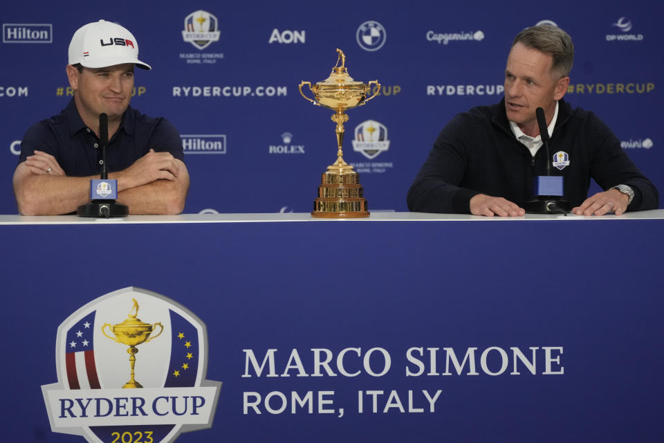 USA's Captain Zach Johnson, left, and Europe's Captain Luke Donald attend at a press conference at the Marco Simone Golf Club in Guidonia Montecelio, Monday, Sept. 25, 2023. The Marco Simone Club on the outskirts of Rome will host the 44th edition of The Ryder Cup, the biennial competition between Europe and the United States headed to Italy for the first time. (AP Photo/Gregorio Borgia)