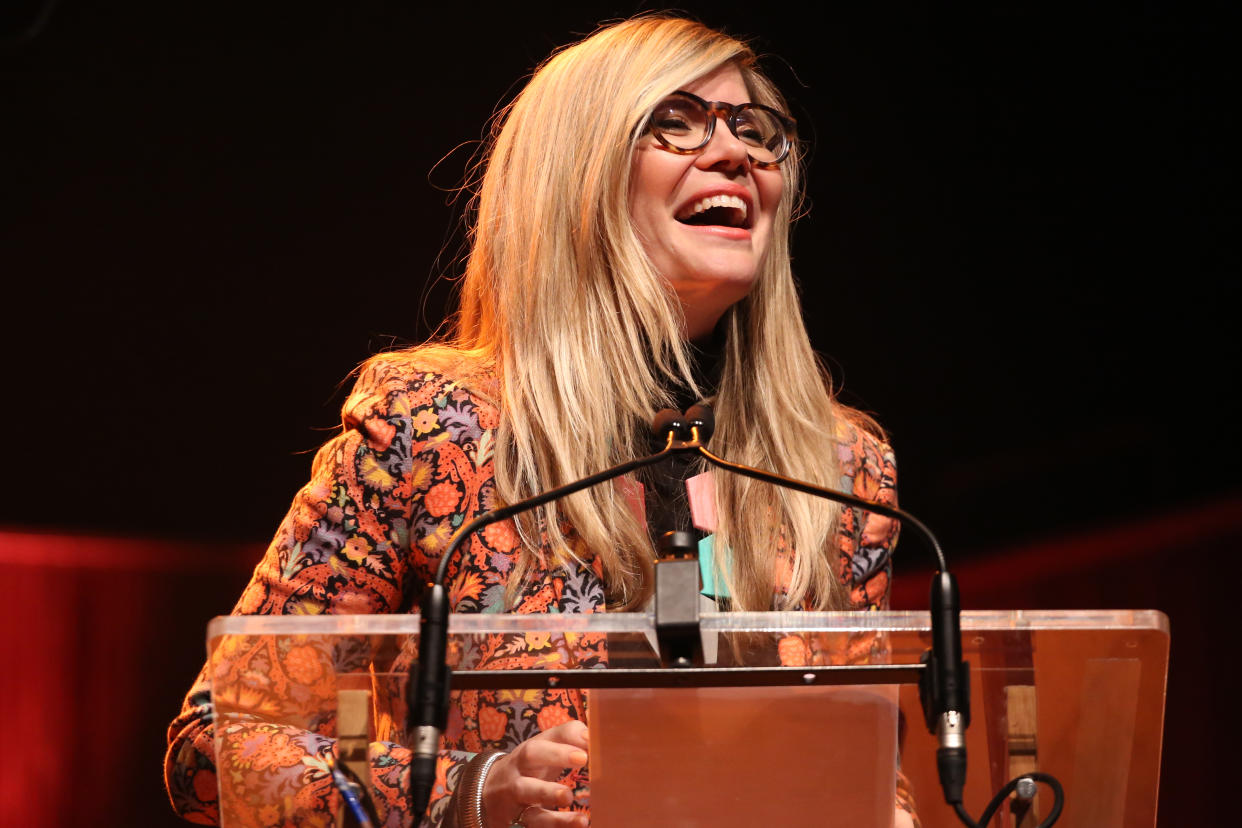 LONDON, ENGLAND - MARCH 08: Emma Barnett speaks on stage as she attends the #March4Women 2020 event at the Southbank Centre on March 08, 2020 in London, England. The event is to mark International Women's Day. (Photo by Lia Toby/Getty Images)